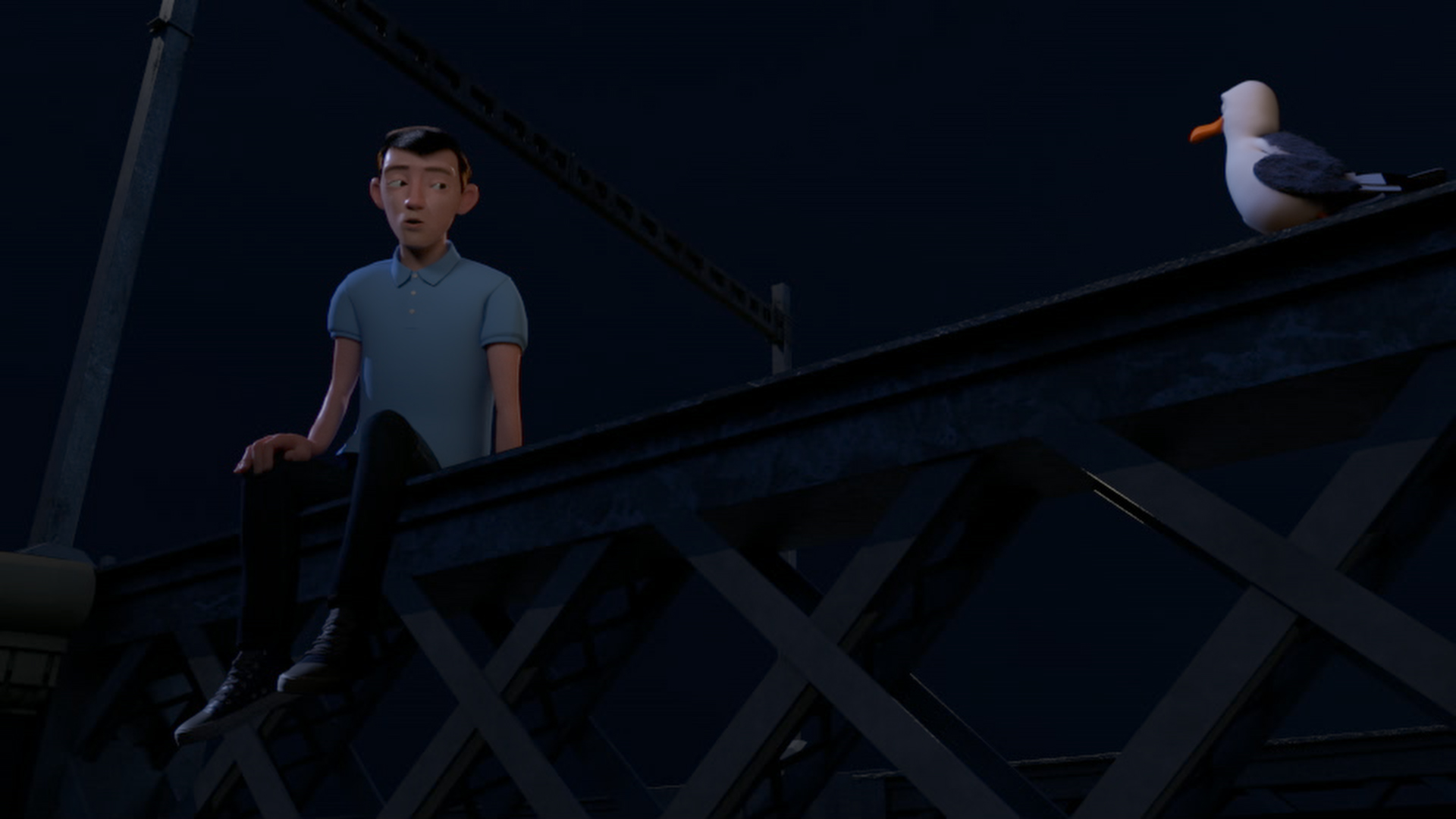 A CG render of a boy and a robin. The boy is shocked and excited.