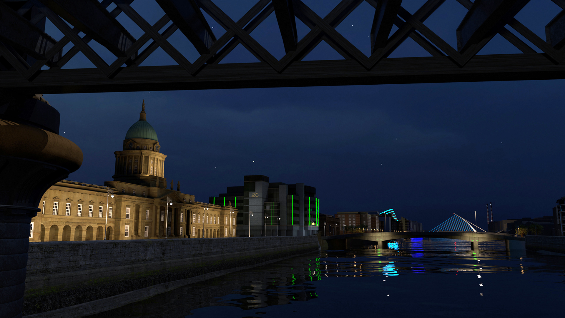 A CG render of Dublin's Docklands at night. The Customs House is visible along with the IFSC and Beckett Bridge. View is from beneath the Loopline bridge.