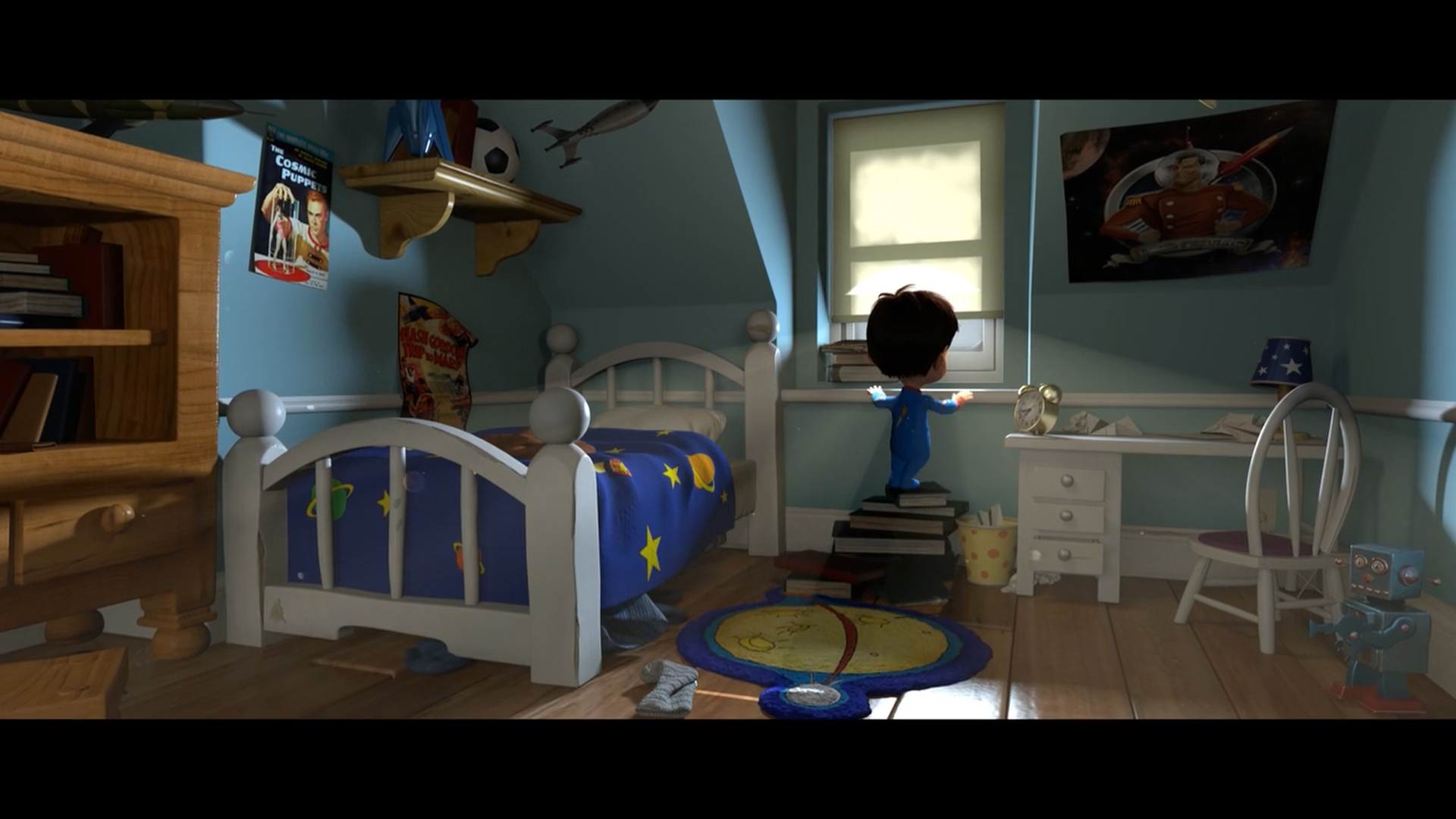 A CG render of a boys bedroom. The boy is opening his blind to see if Santa has delivered.