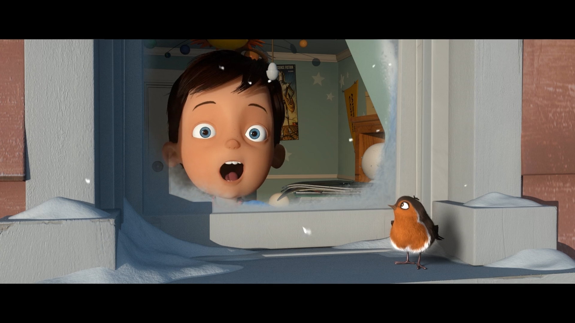 A CG render of a boy and a robin. The boy is shocked and excited.
