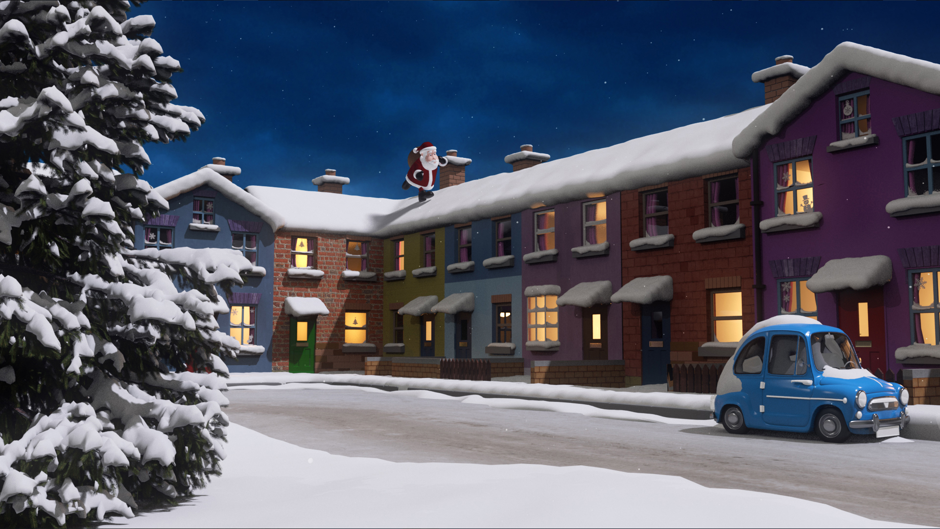 A CG render of a snow covered street with Santa running on the rooftops with his sack.