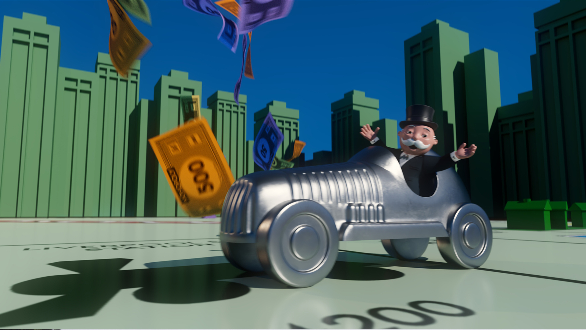 A GG render of Mr Monopoly driving a Monopoly car.